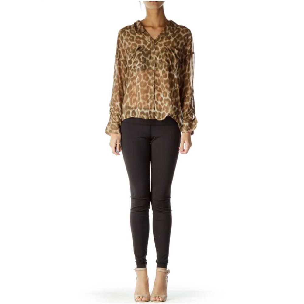 Free People Easy Rider Leopard Animal Print Long Sleeve Sheer Blouse Size Small
